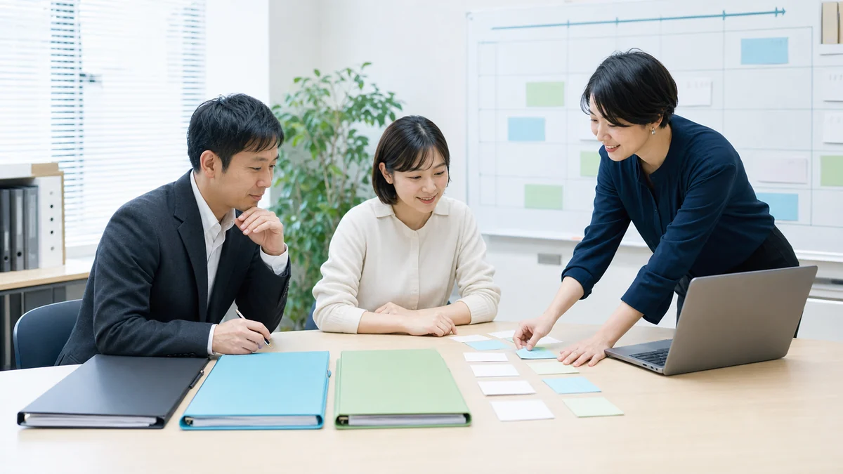 会計AI導入の段階計画を話し合う日本人の中小企業チーム