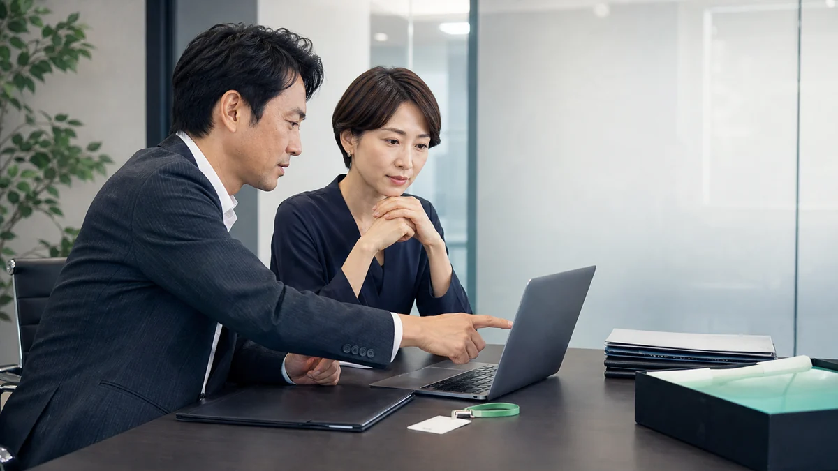 会計AIの権限と情報管理を確認する日本人の業務担当者