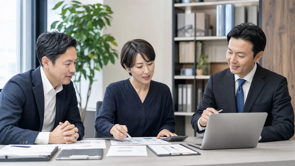 会計AIの運用を税理士と確認する日本人の中小企業チーム