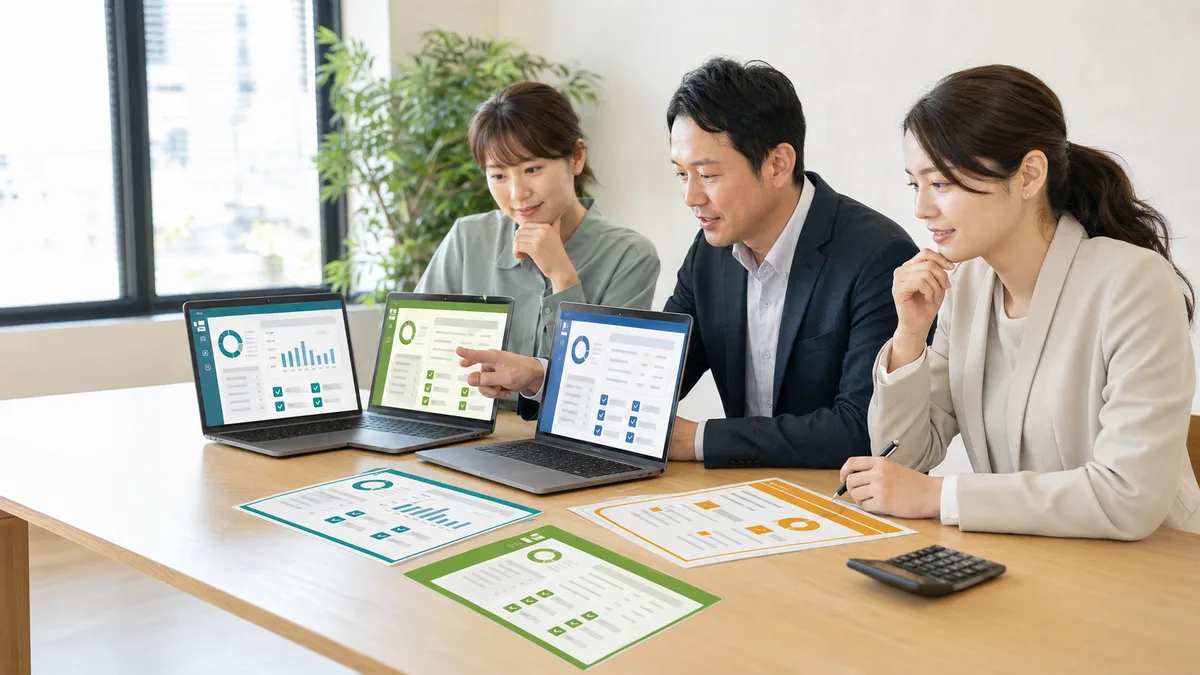 日本の経理担当者が複数のAI会計ソフトを比較検討する様子