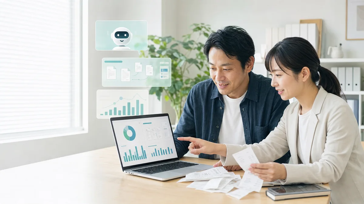 日本の中小企業でAI会計ソフトを使い経理データを確認する様子