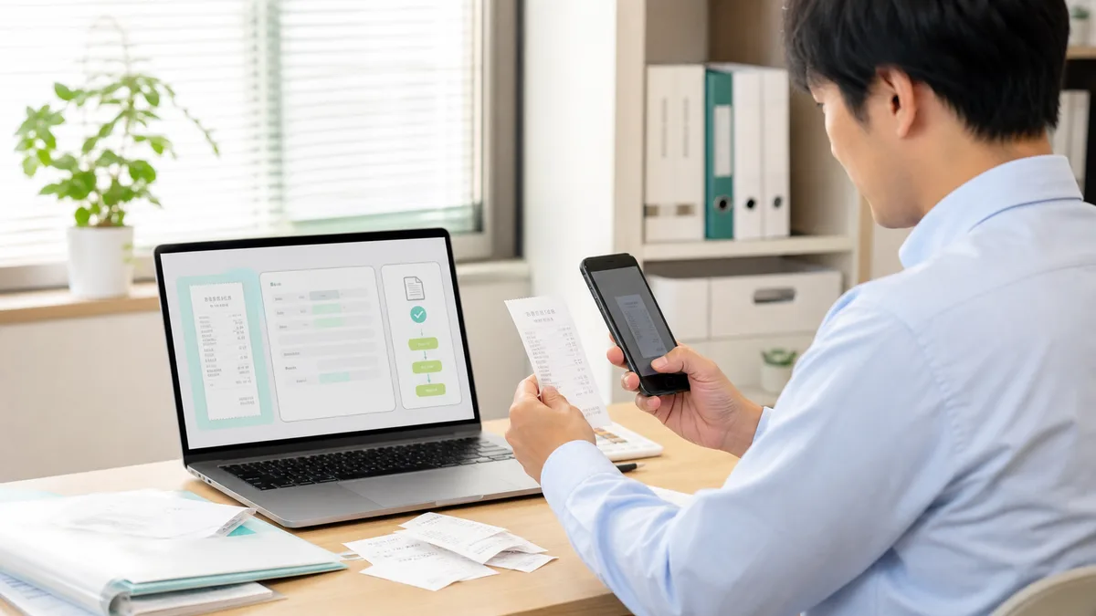 日本の経理担当者がスマートフォンで領収書を読み取りAI-OCRを確認する様子