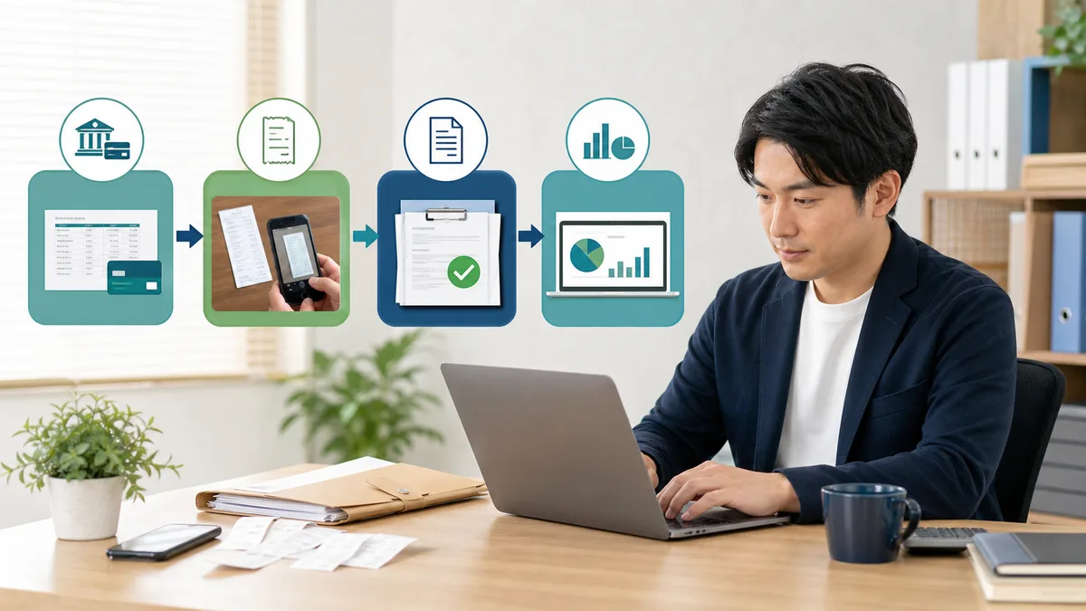 日本の一人経理担当者が銀行連携から月次確認まで段階的に導入する様子