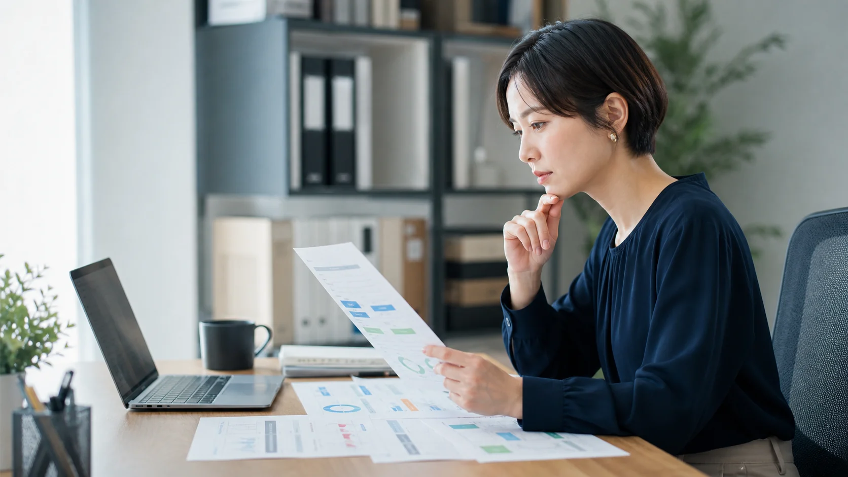 日本の経理担当者が会計ソフトの比較資料を確認する様子