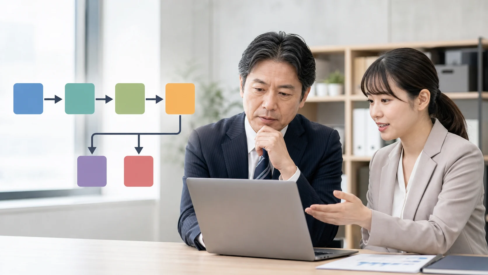 日本の経理担当者が会計データのAI連携フローを確認する様子