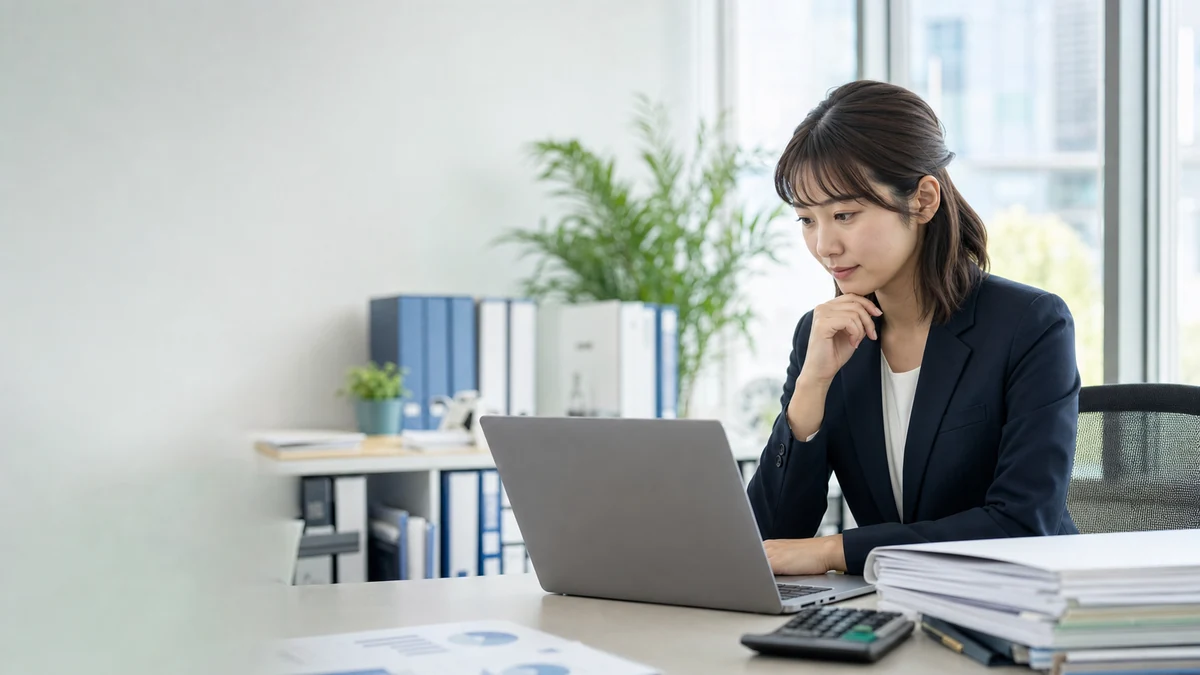 日本の中小企業の経理担当者が生成AIと会計データを確認する様子