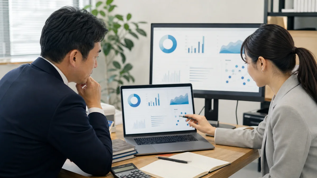 管理会計AIのダッシュボードを確認する日本の中小企業経営者と経理担当者