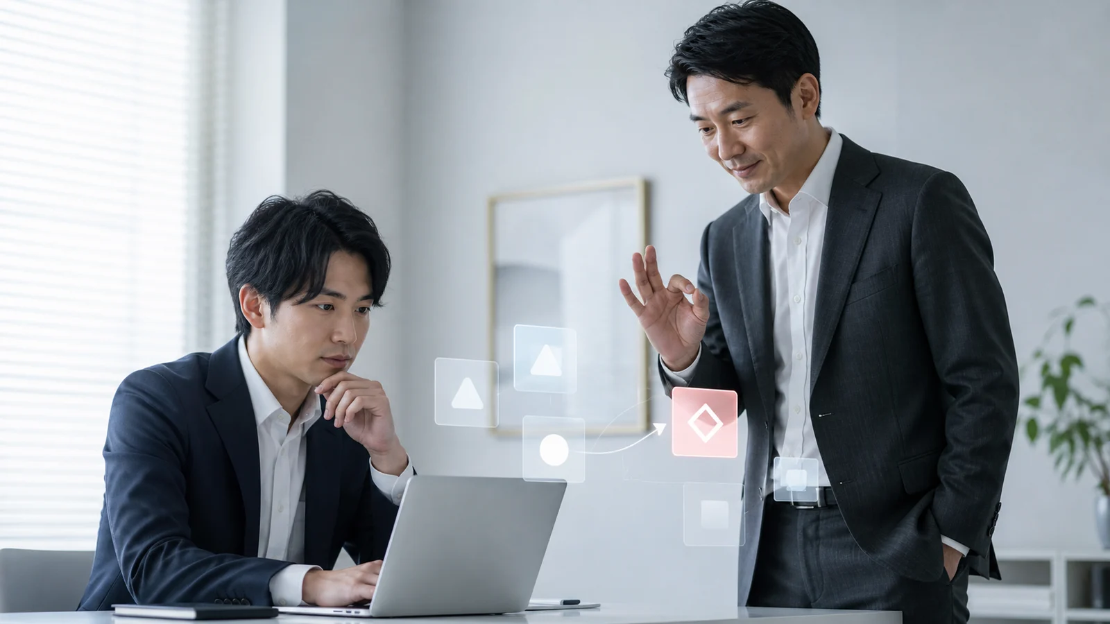 経理担当者とAIの作業受け渡しを確認する日本の管理職