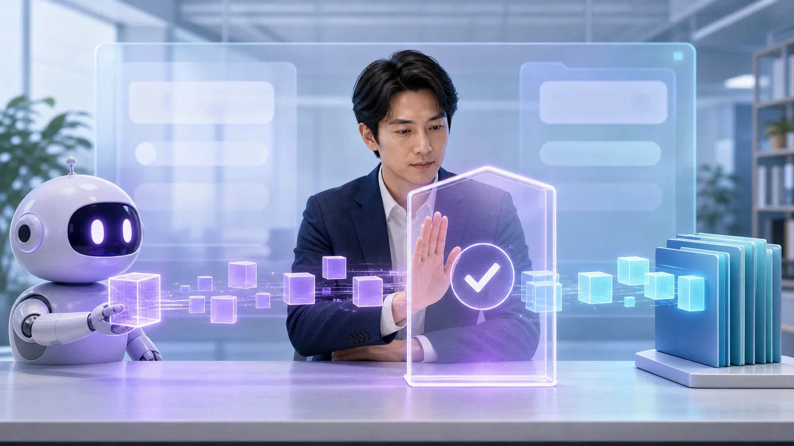 Claude Coworkと会計ソフトの間で承認ステップを確認する日本の経理担当者