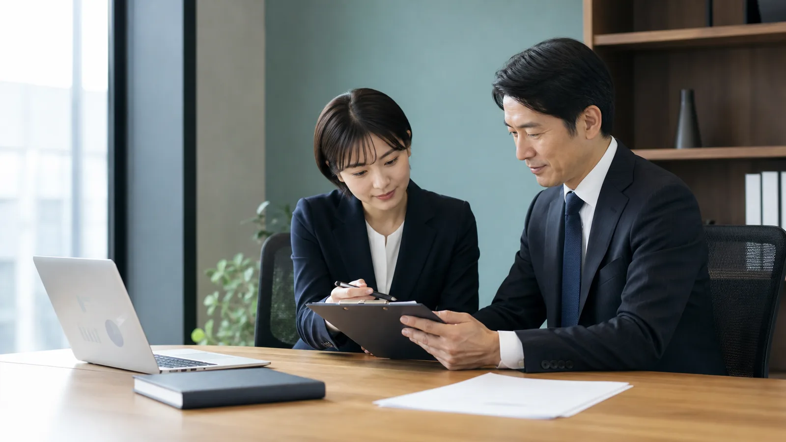 法人決算の確認を行う日本の経理担当者と税理士