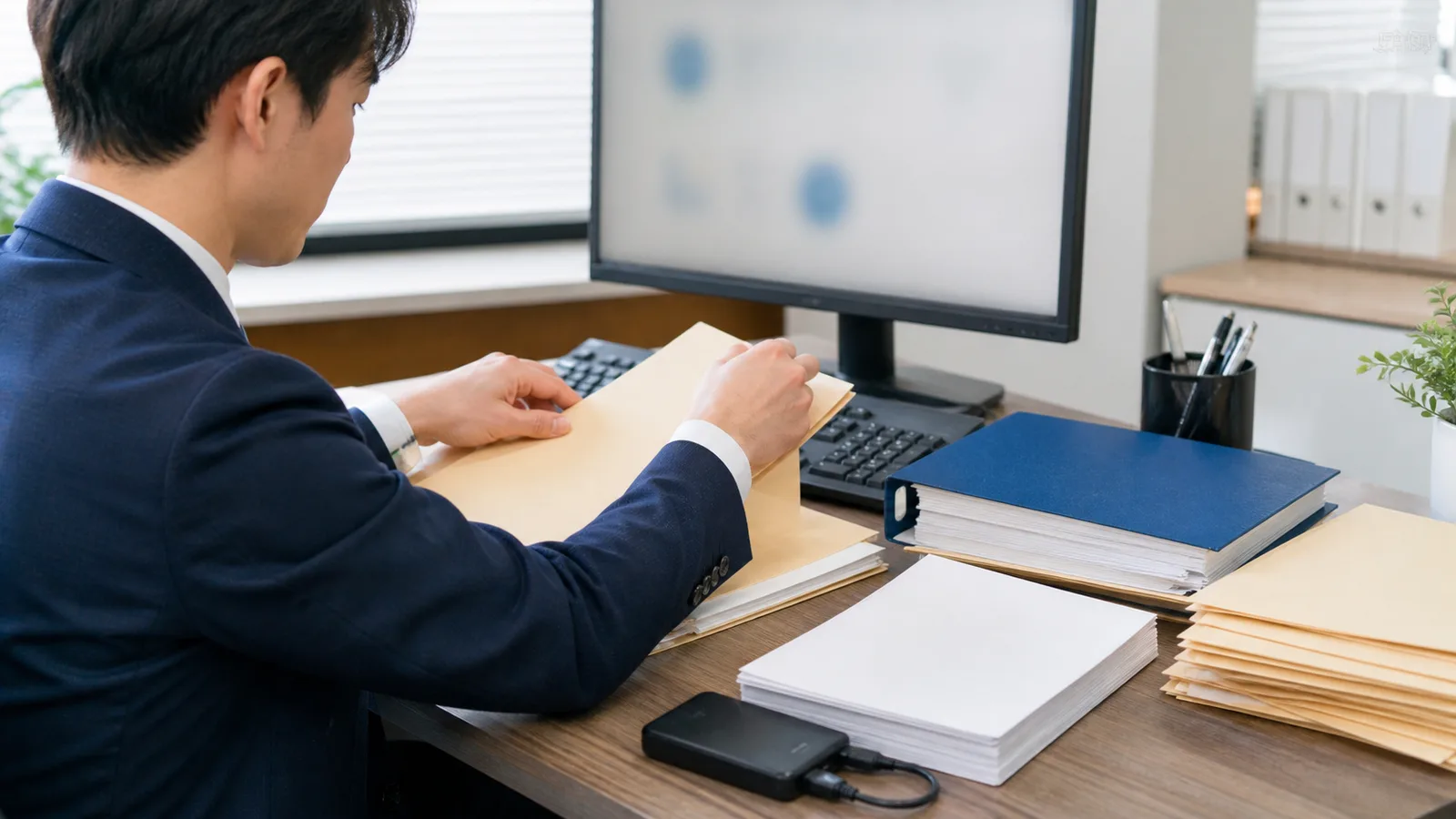 freee会計へのデータ移行資料を確認する日本の経理担当者