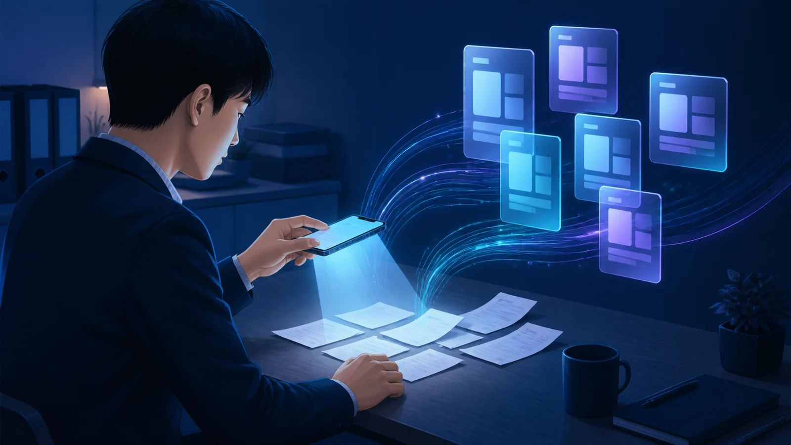 スマートフォンで領収書を撮影してデータ化する経理担当者