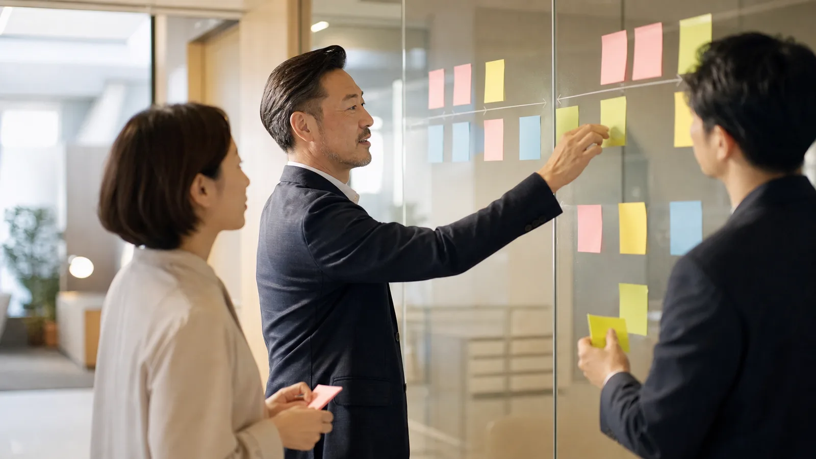 月次決算の工程を付箋で確認する日本の経理チーム
